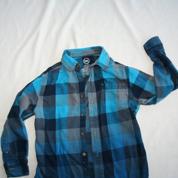 TEAL CHECKER FLANNEL SHIRT BOYS 6 7 KIDS BUTTON DOWN TOP BLUE OMBRE EUC - Picture 4 of 16